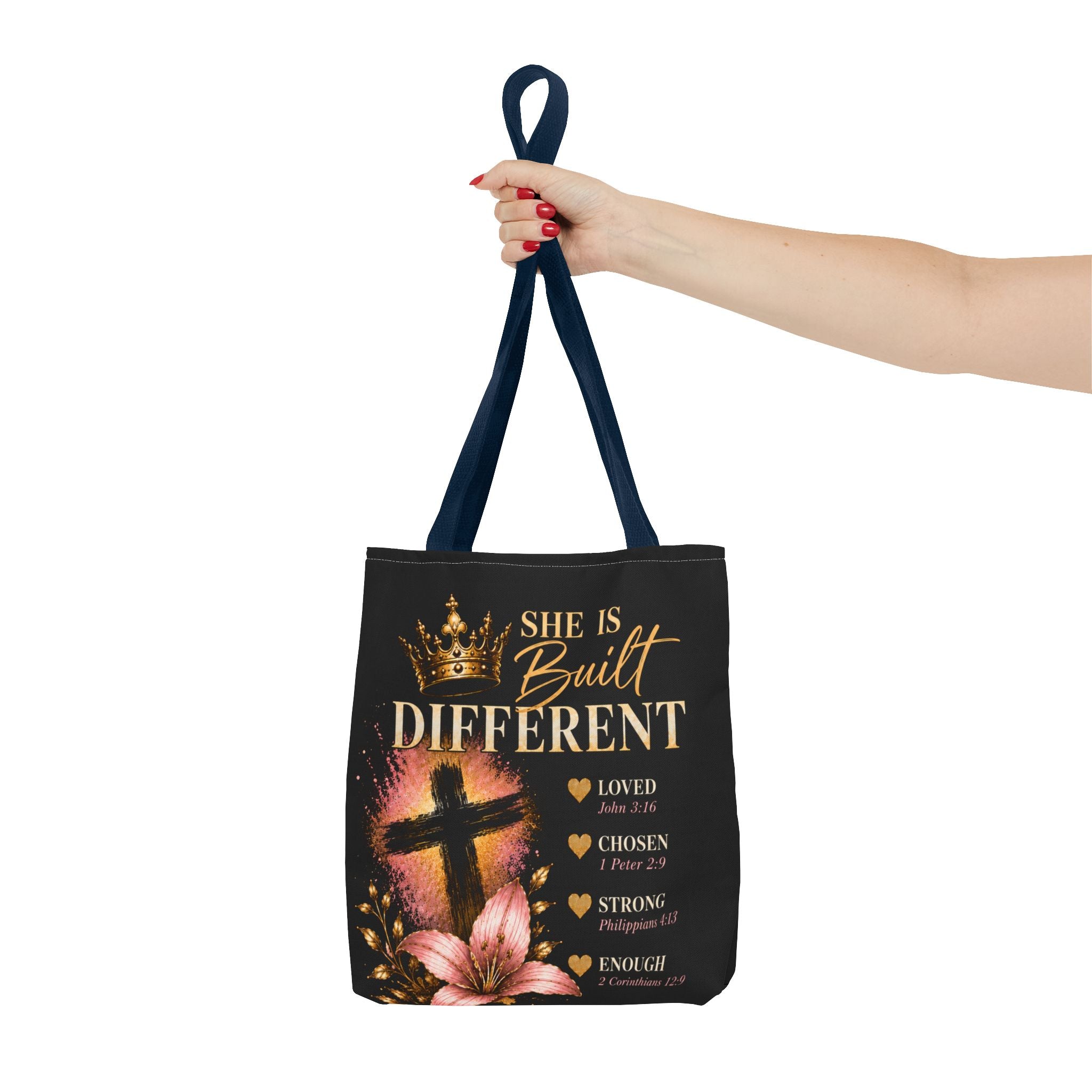 She Is Built Different Christian Tote Bag – Inspirational Faith Cross Design