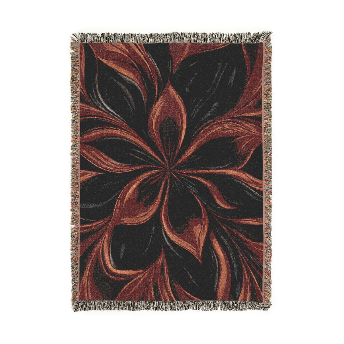 Woven Blanket — Abstract Floral Swirl Throw in Warm Rust & Teal