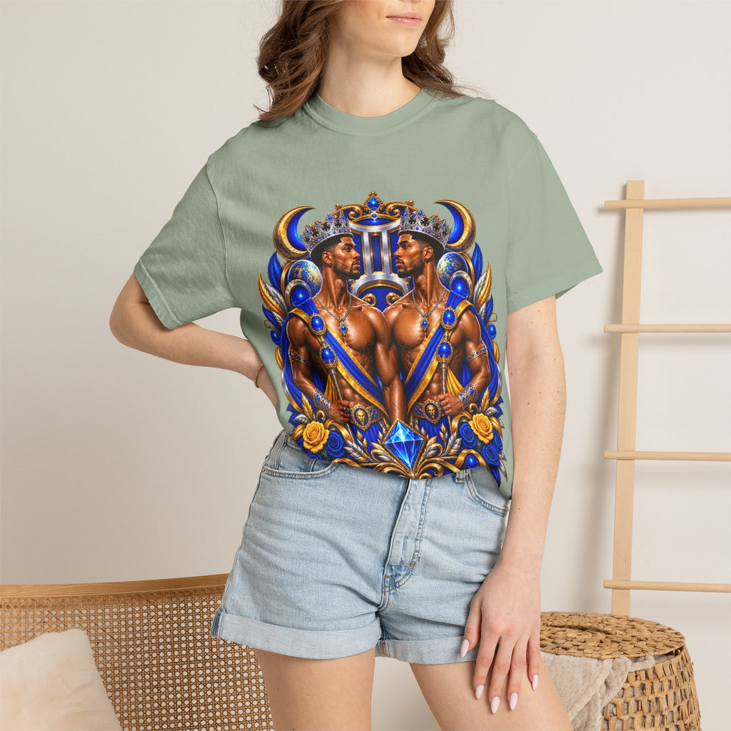 Gemini Zodiac T-Shirt — Bold Blue & Gold Twin Portrait Tee