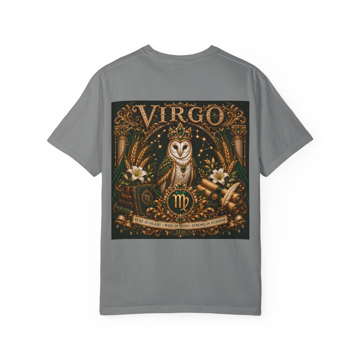 Virgo Zodiac T-Shirt — Elegant Virgo Goddess & Owl Horoscope Tee