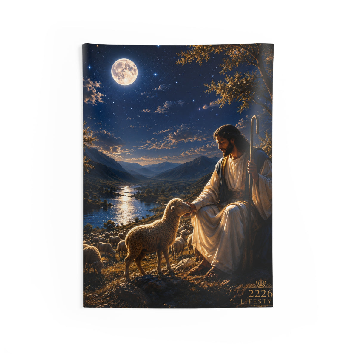 Christian Jesus Shepherd Wall Tapestry — Nighttime Nativity Decor