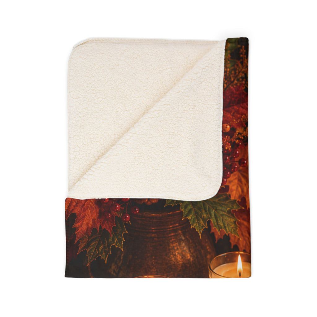 Autumn Candlelight Sherpa Blanket — Cozy Fall Leaves & Pumpkin Throw