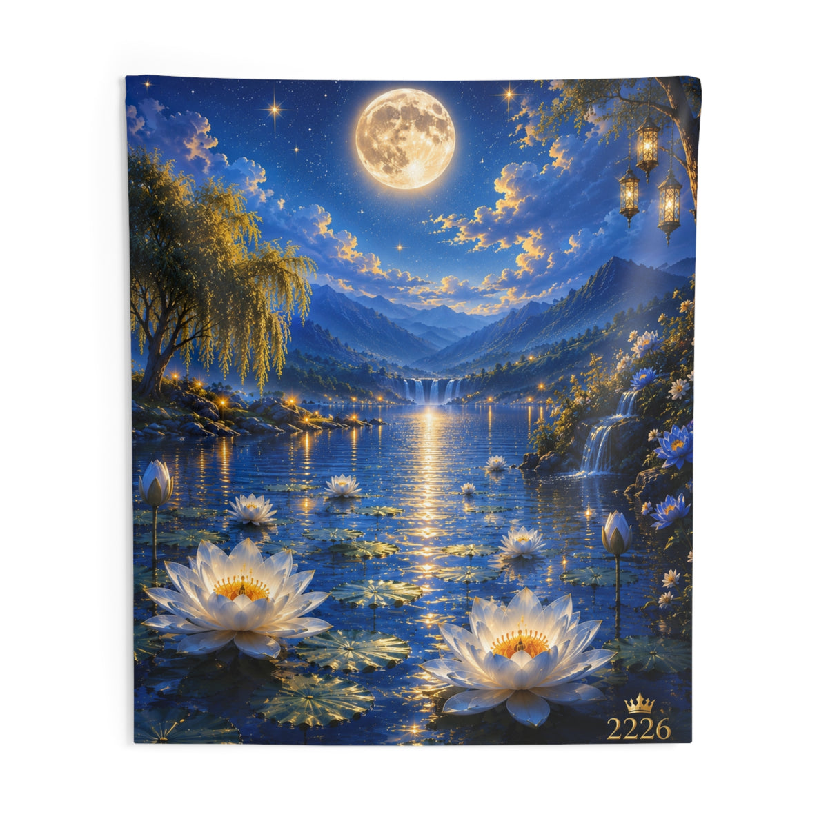 Moonlit Lotus Lake Tapestry - Serene Nighttime Wall Hanging