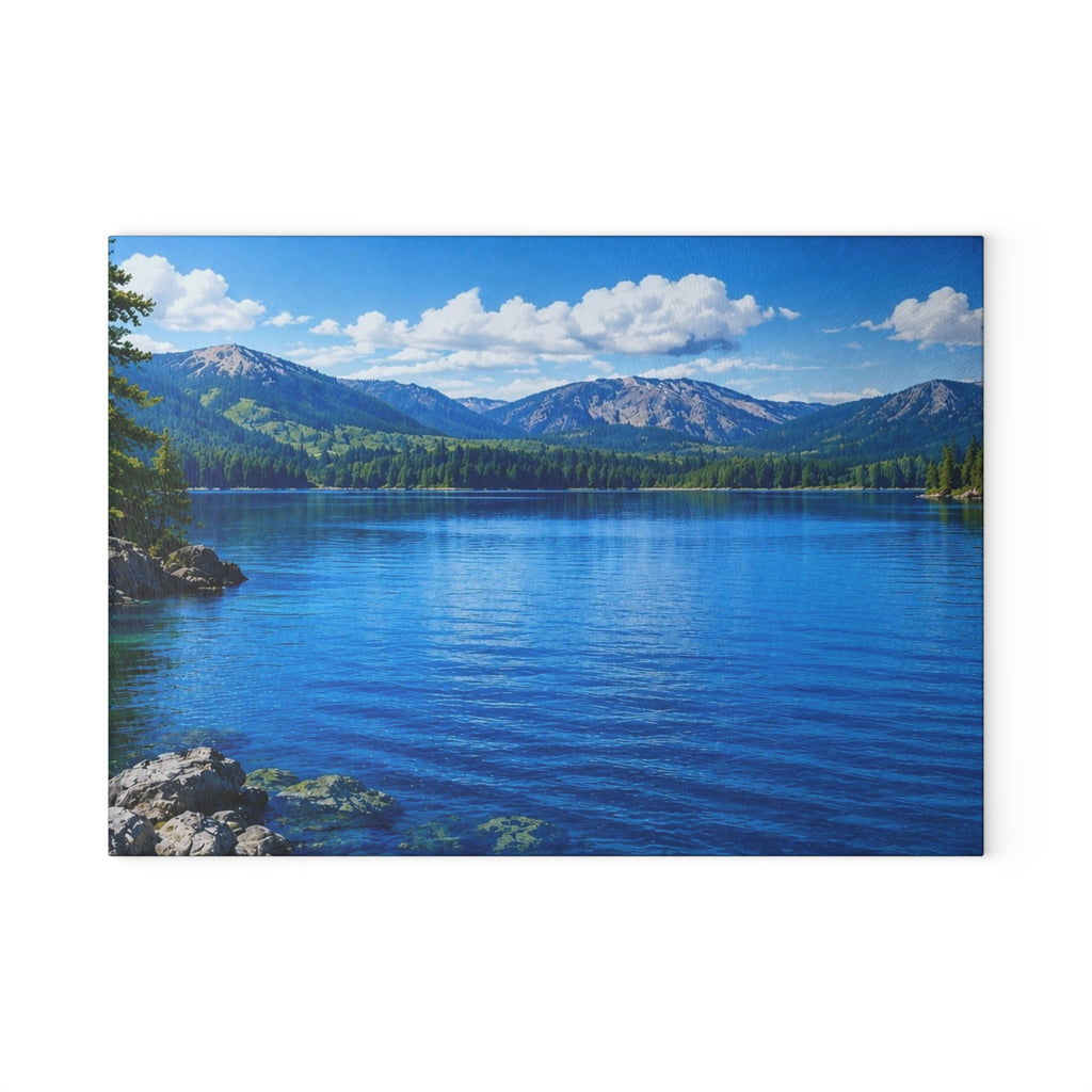 Scenic Mountain Lake Glass Cutting Board – Blue Nature Kitchen Décor