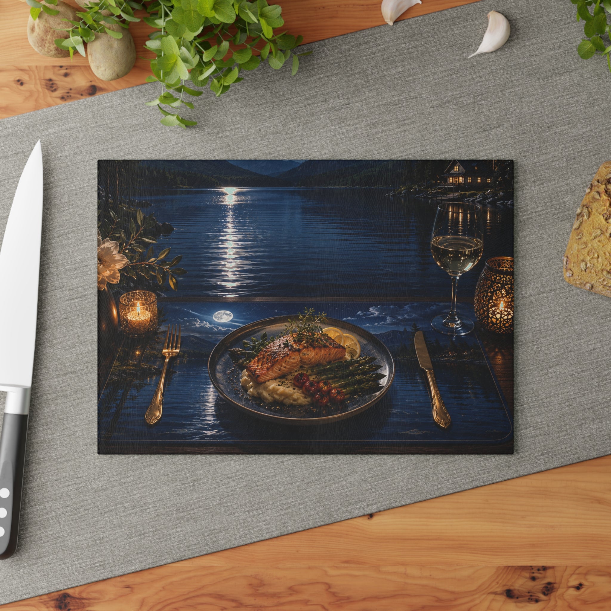 Moonlit Lakeside Dinner Scene Glass Cutting Board — Decorative Tempered Glass Prep & Serving Board