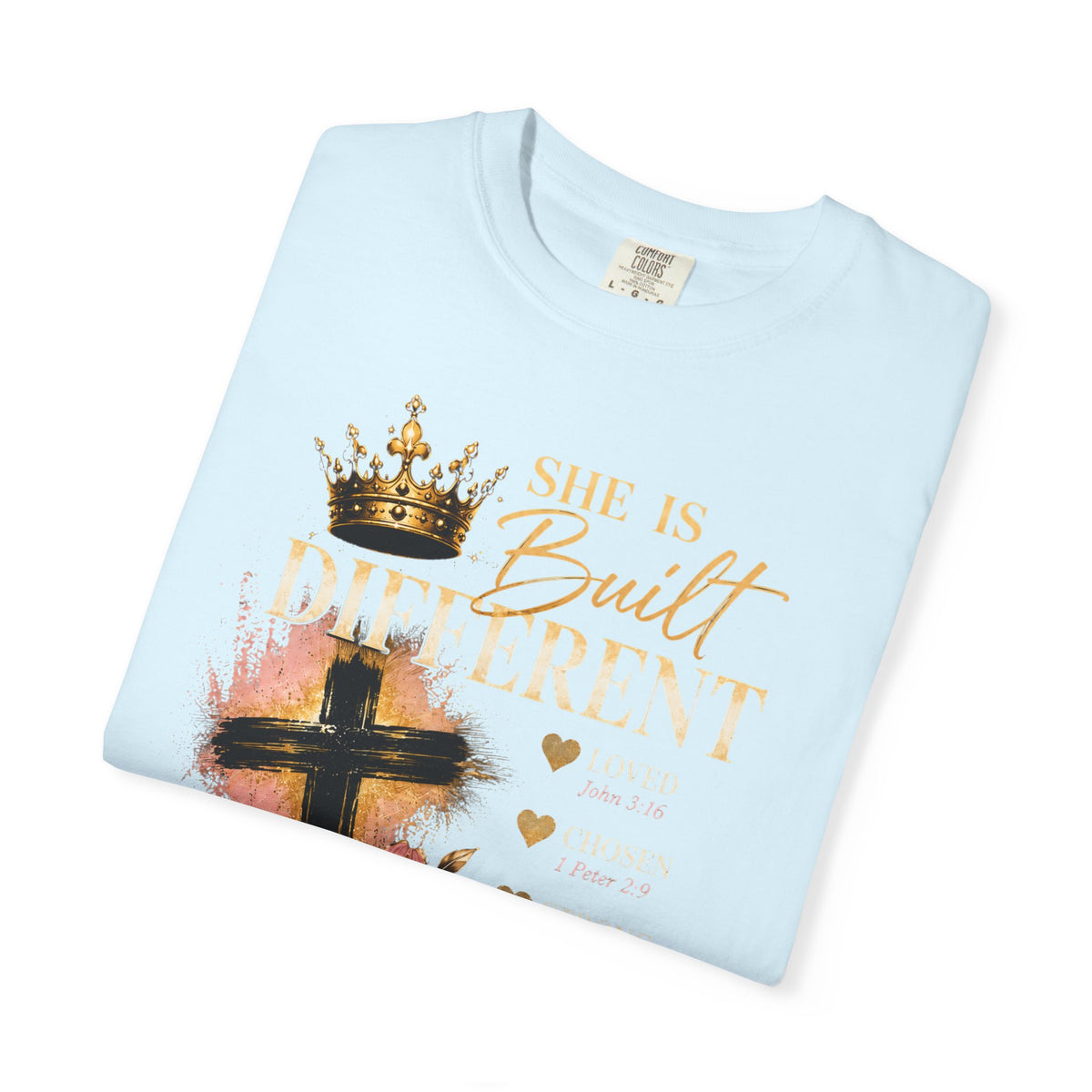 She Is Built Different Christian T-Shirt — Cross, Crown & Lily Faith Tee