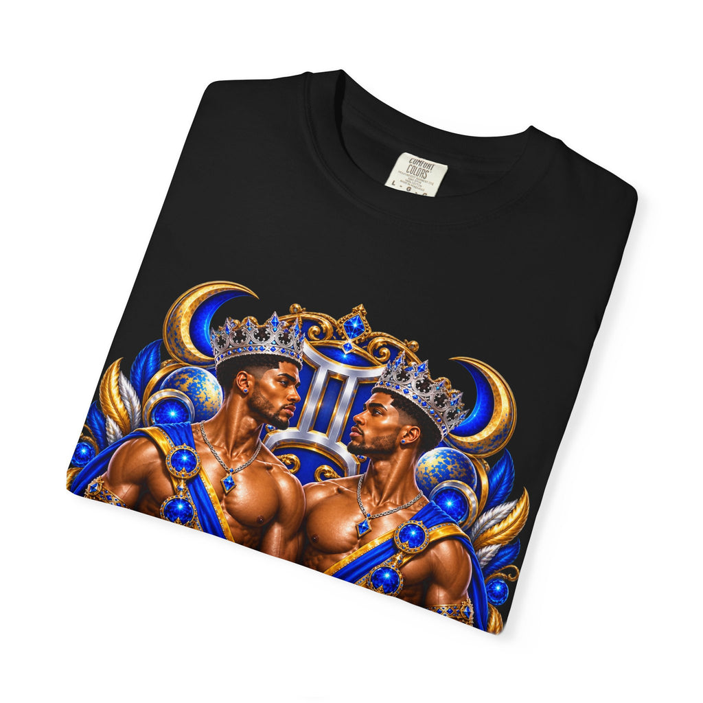 Gemini Zodiac T-Shirt — Bold Blue & Gold Twin Portrait Tee