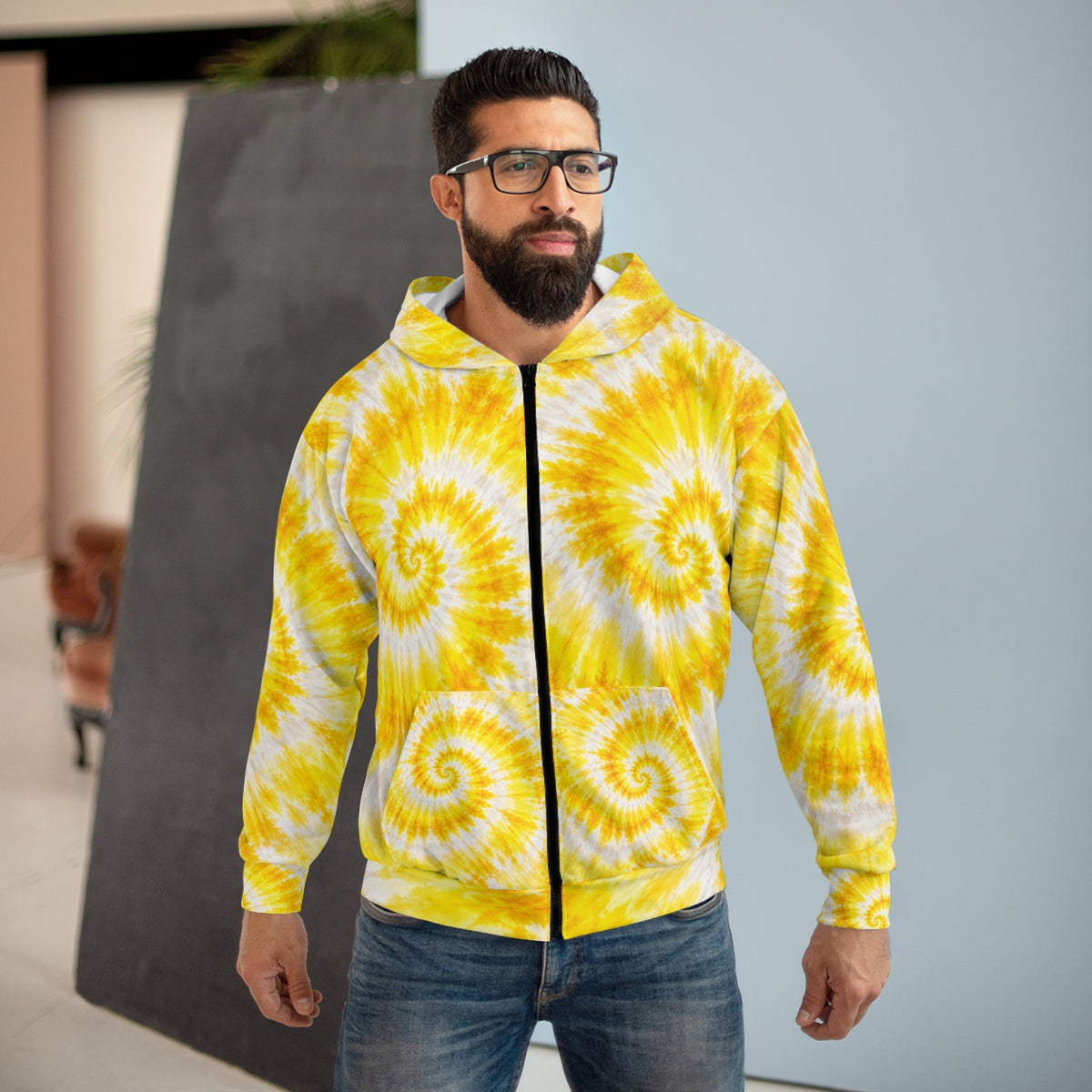 Yellow Spiral Tie-Dye Zip Hoodie