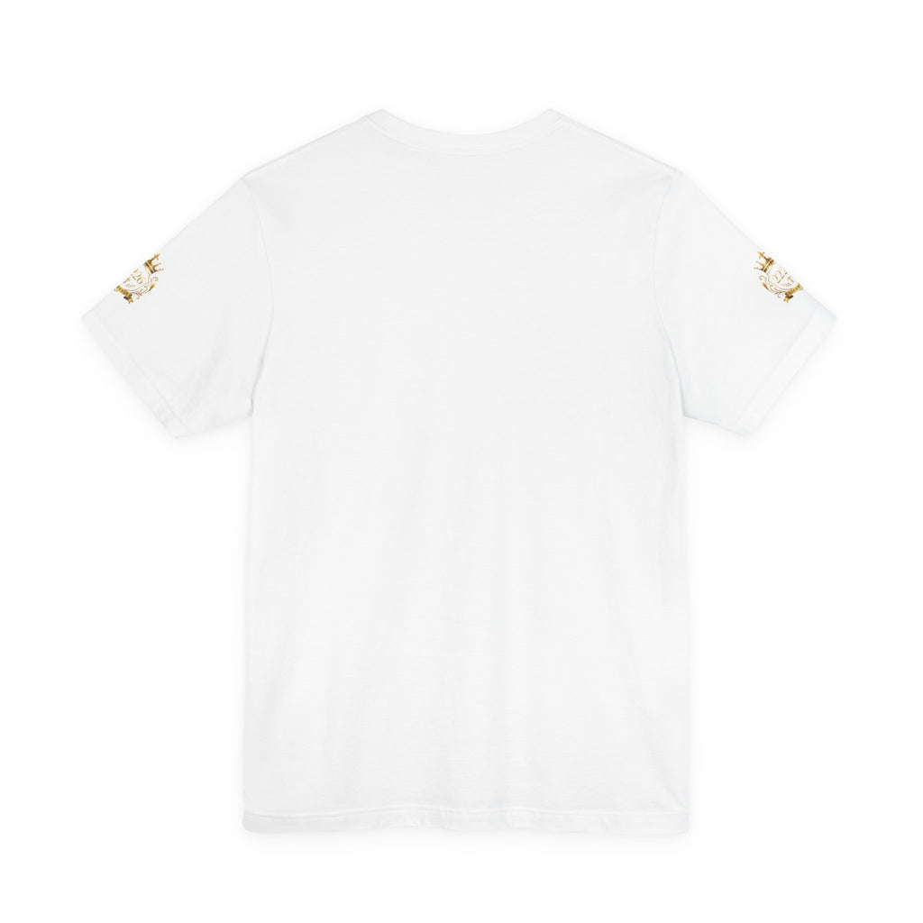 White Crown Logo Tee — Small Gold Crown Chest & Sleeve Graphic