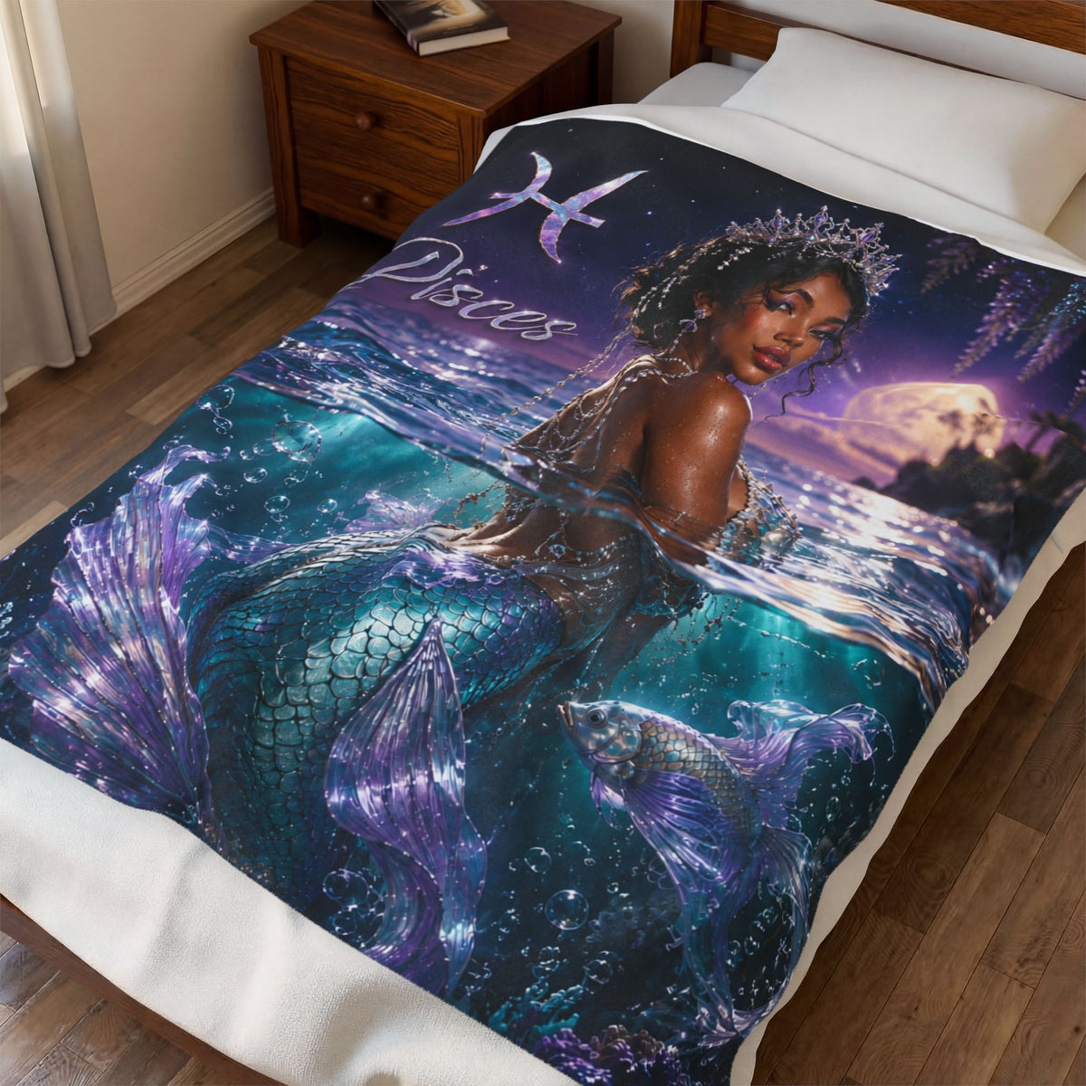 Pisces Mermaid Velveteen Plush Blanket – Zodiac Moonlit Ocean Throw