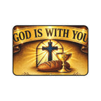 God Is With You Desk Mat — Inspirational Christian Desk Pad with Cross, Bread & Chalice