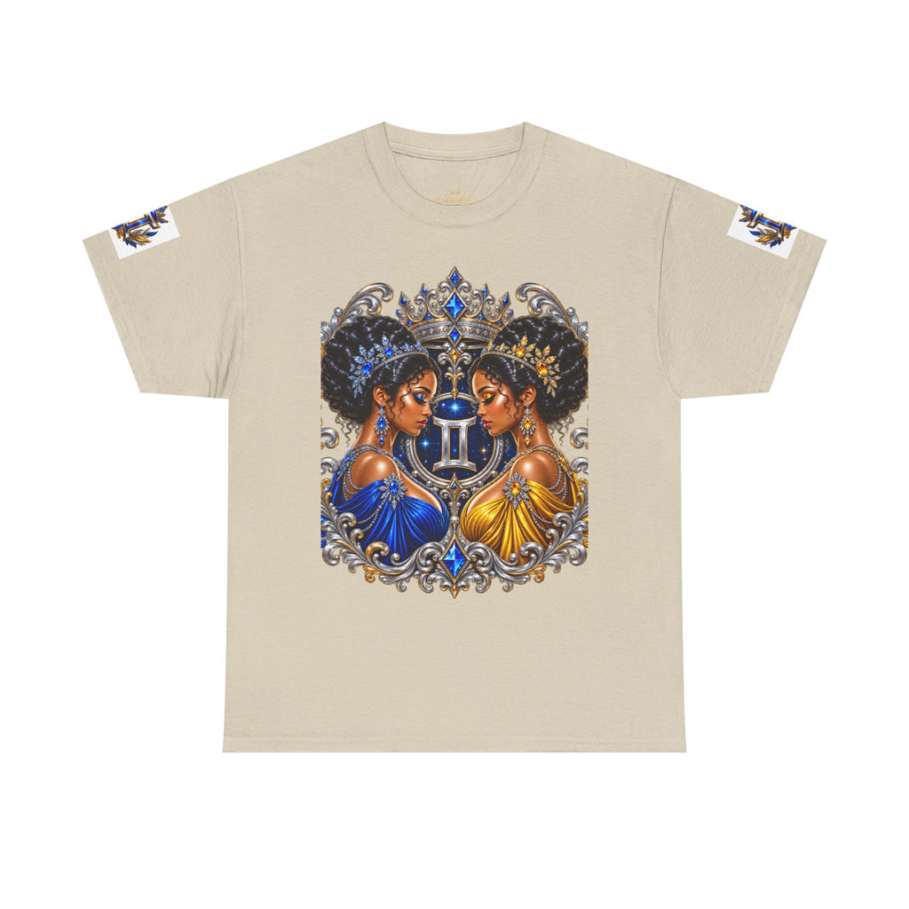 Gemini Zodiac Tee — Twin Sisters Astrology T‑Shirt (Blue & Gold)