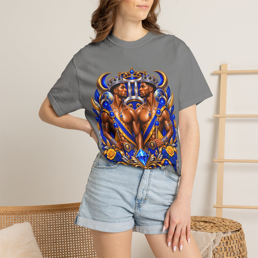 Gemini Zodiac T-Shirt — Bold Blue & Gold Twin Portrait Tee