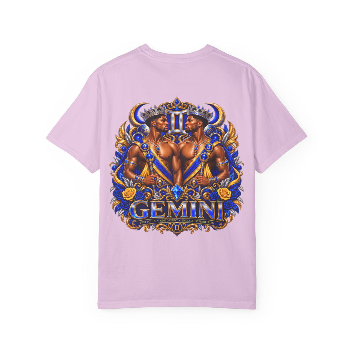 Gemini Zodiac T-Shirt — Bold Blue & Gold Twin Portrait Tee