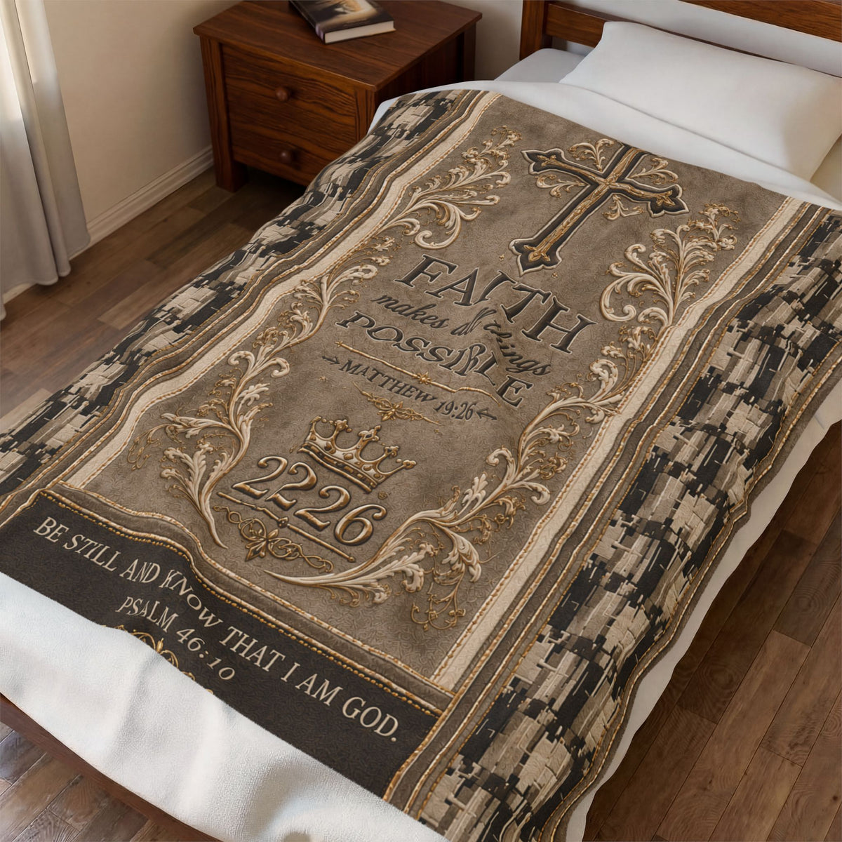 Faith Makes All Things Possible Velveteen Plush Blanket — Religious Inspirational Throw with Cross & Scripture (Matthew 19:26, Psalm 46:10)