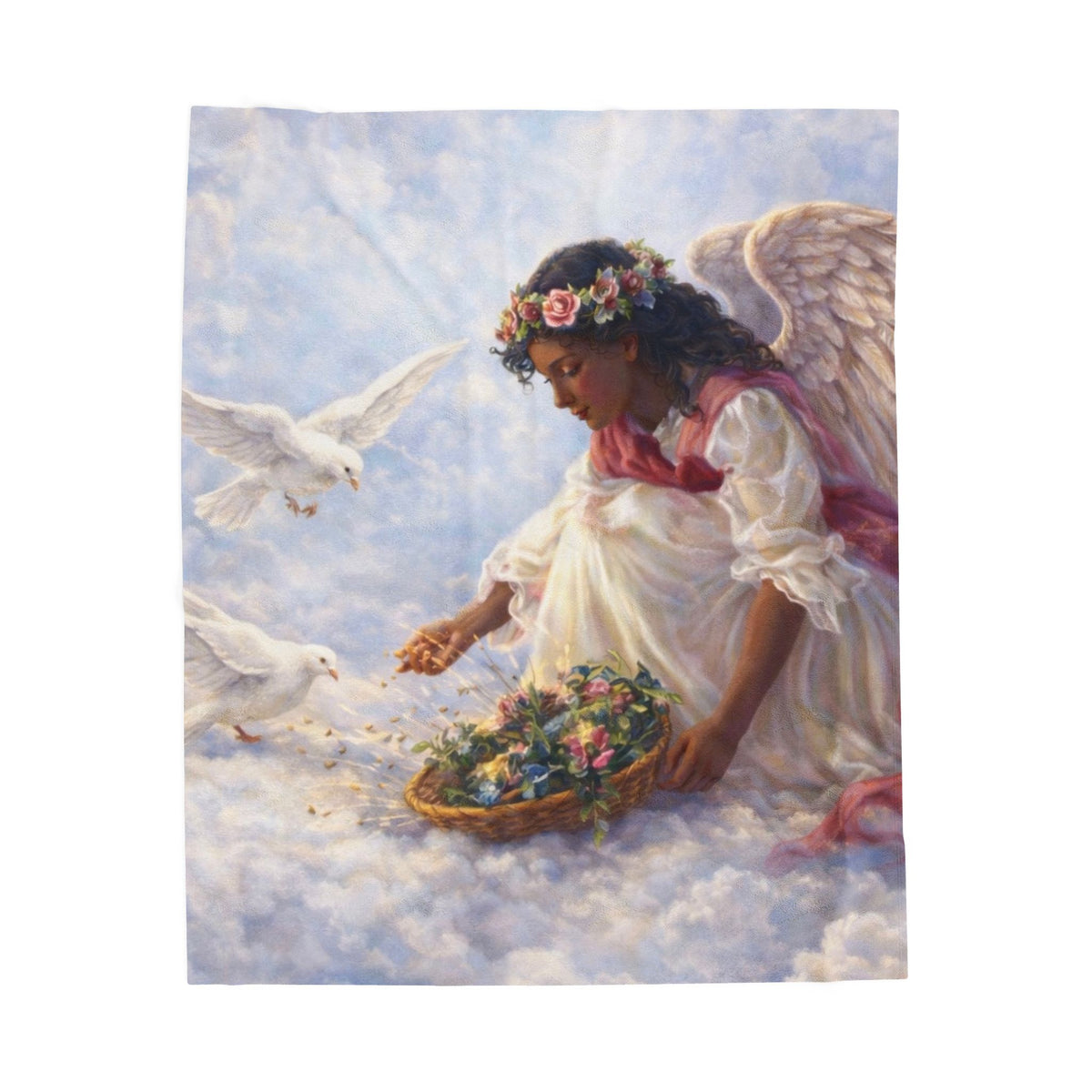 Angel in Clouds Velveteen Plush Blanket – Serene Floral Guardian Throw