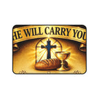 Christian Desk Mat — 'He Will Carry You' Communion Cross, Bread & Chalice Inspirational Desk Pad