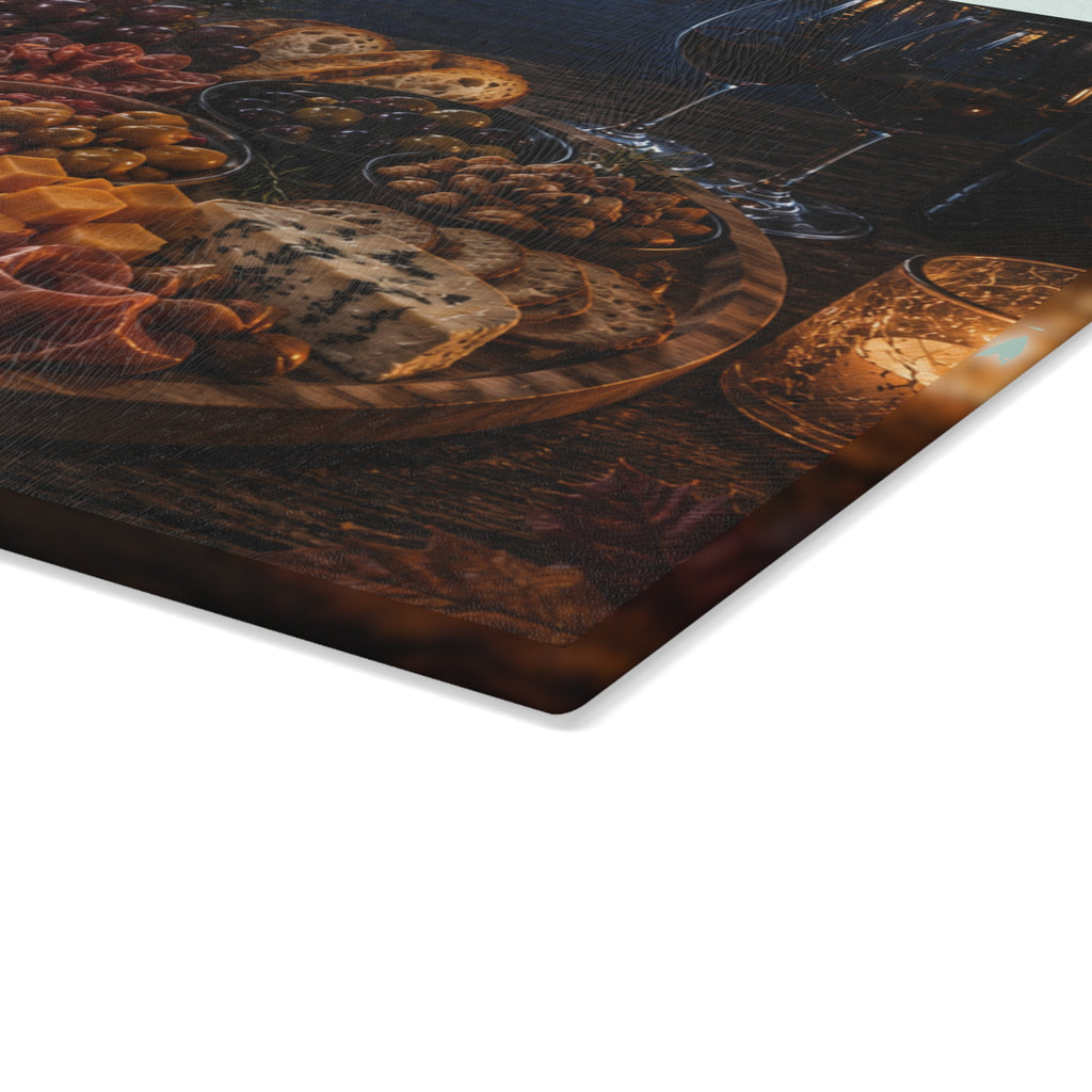 Charcuterie Night Glass Cutting Board — Rustic Candlelit Cheese & Wine Serving Board
