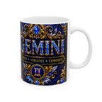 Zodiac Gemini Ceramic Coffee Mug – Elegant Blue & Gold Astrology Design (11oz, 15oz)