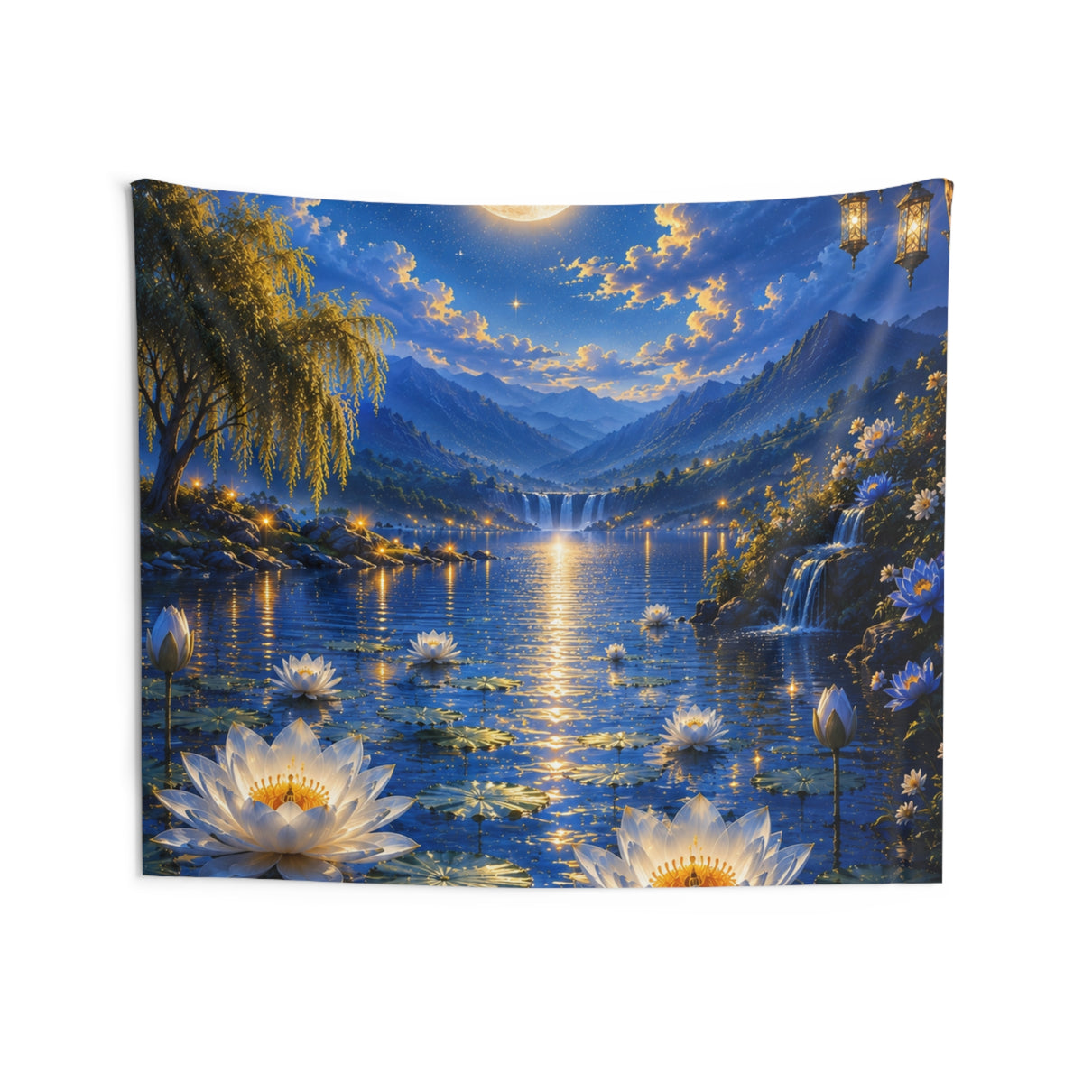 Moonlit Lotus Lake Tapestry - Serene Nighttime Wall Hanging