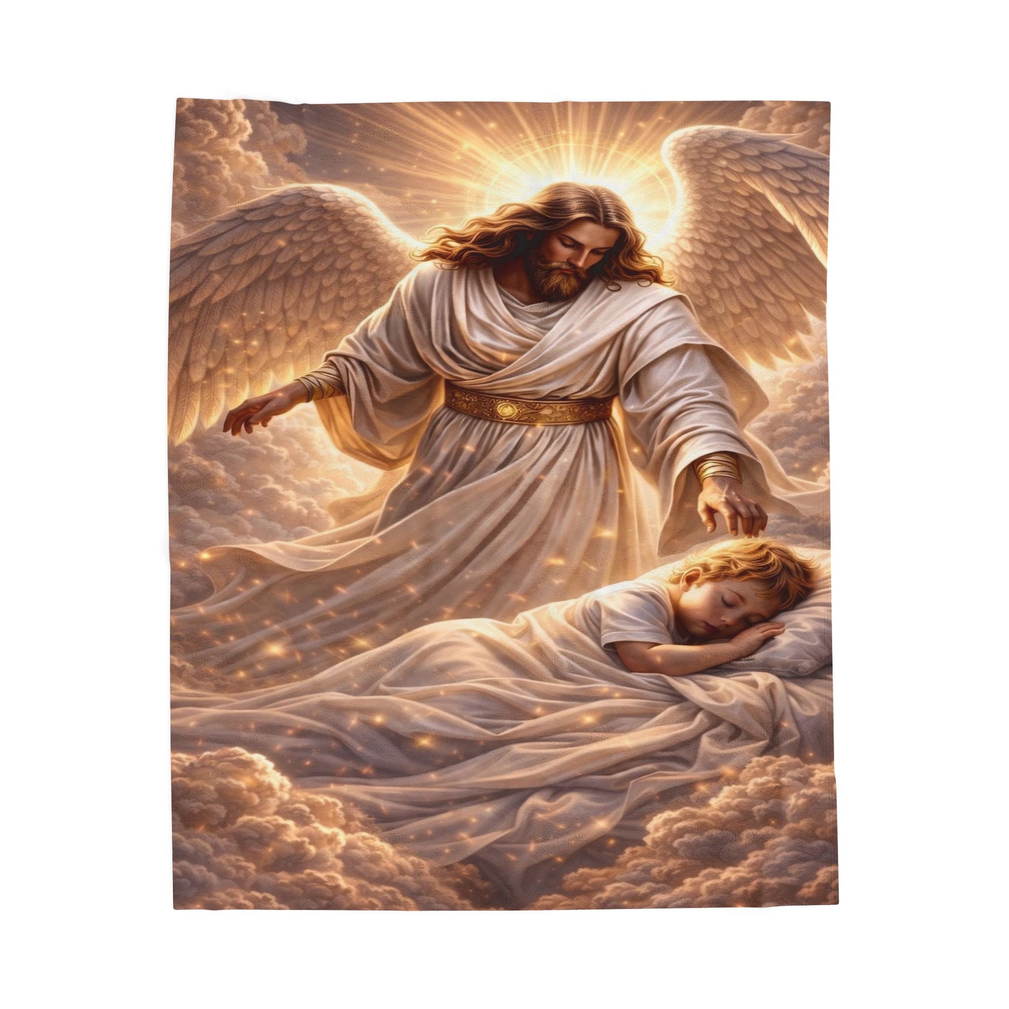 Angel Watching Over Sleeping Child Velveteen Plush Blanket — Religious Comfort Throw