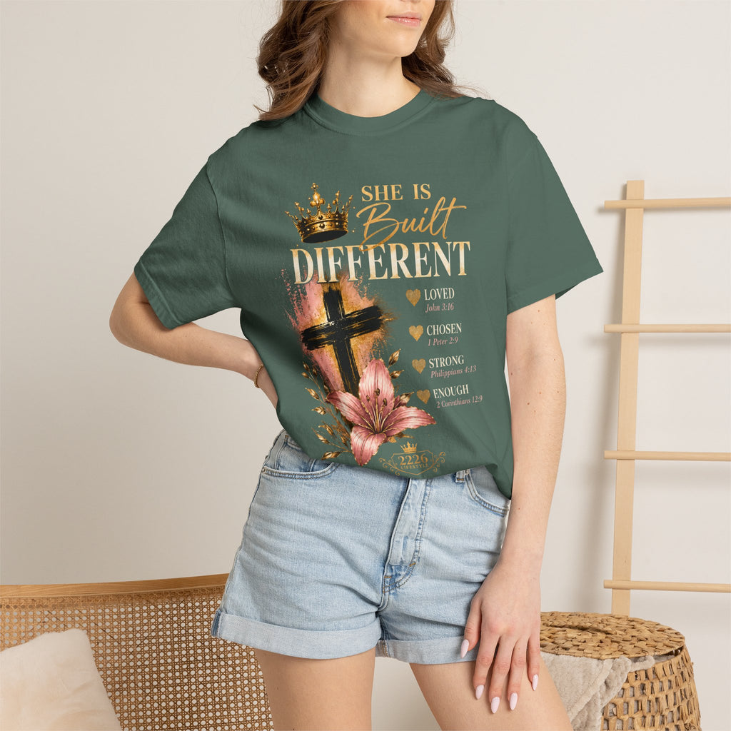 She Is Built Different Christian T-Shirt — Cross, Crown & Lily Faith Tee