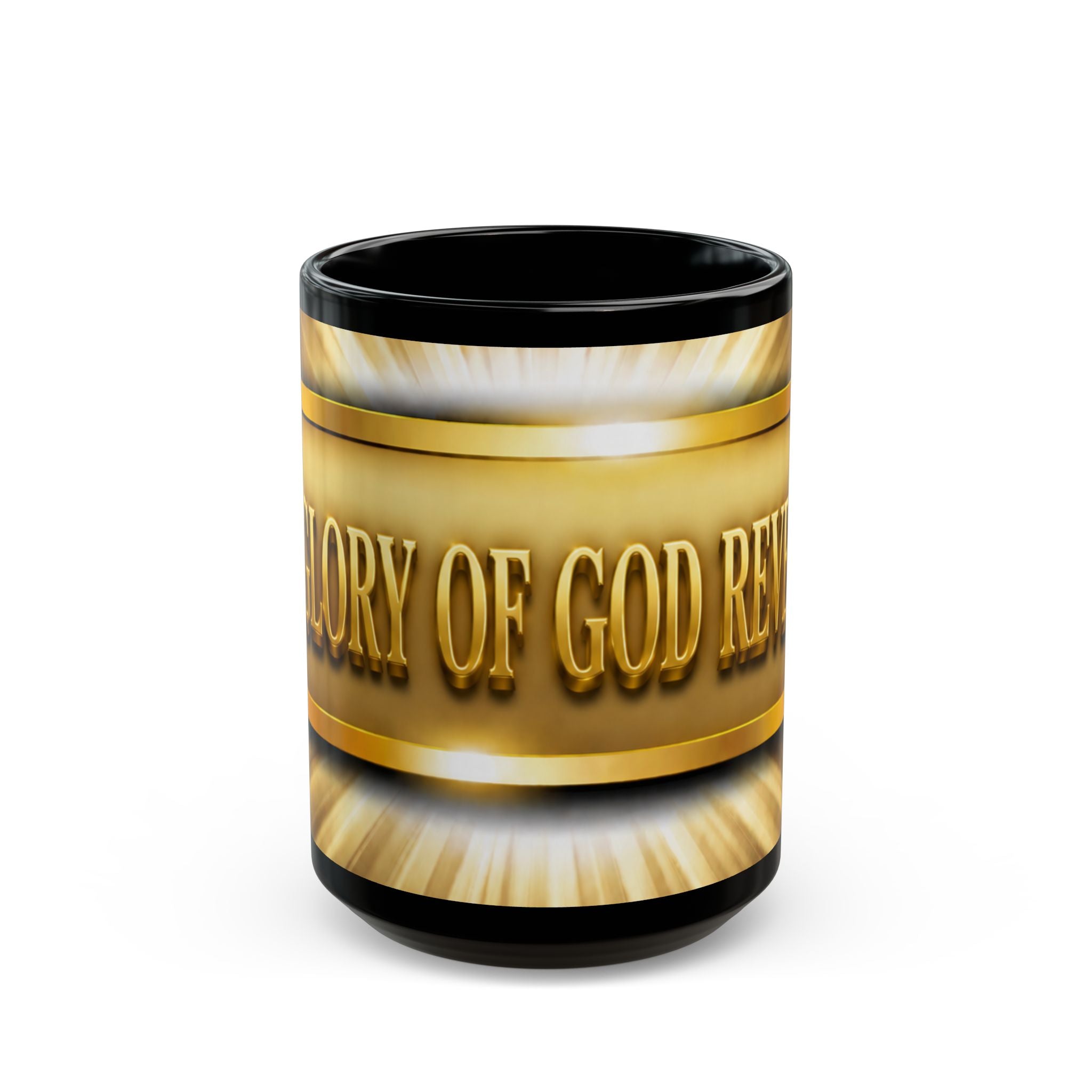 Black Mug — "Glory of God Revealed" Gold Script Coffee Mug