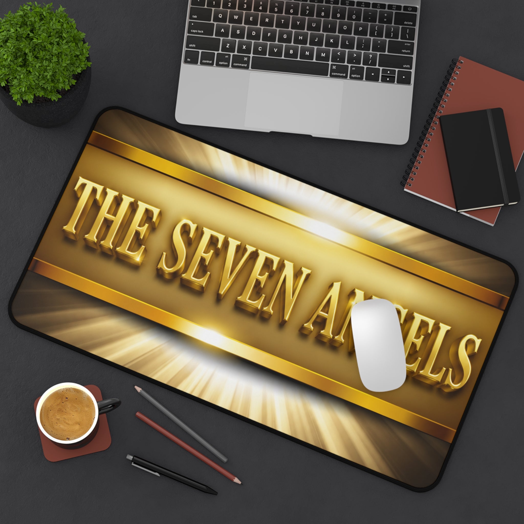 The Seven Angels Gold Logo Desk Mat — Spiritual Inspirational Mouse Pad