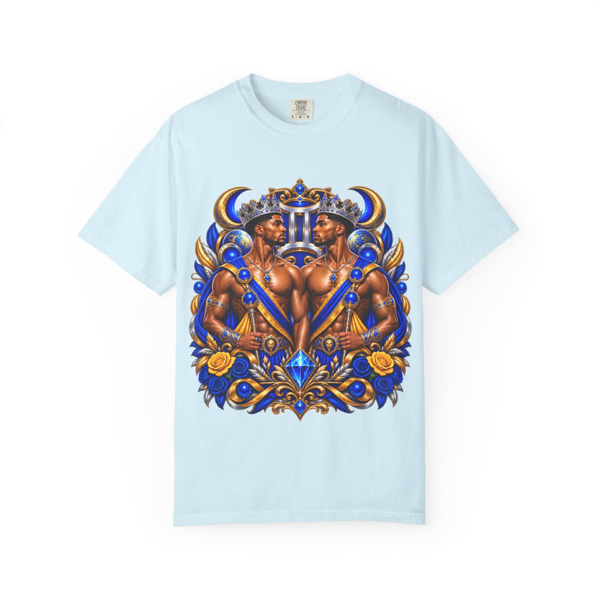 Gemini Zodiac T-Shirt — Bold Blue & Gold Twin Portrait Tee