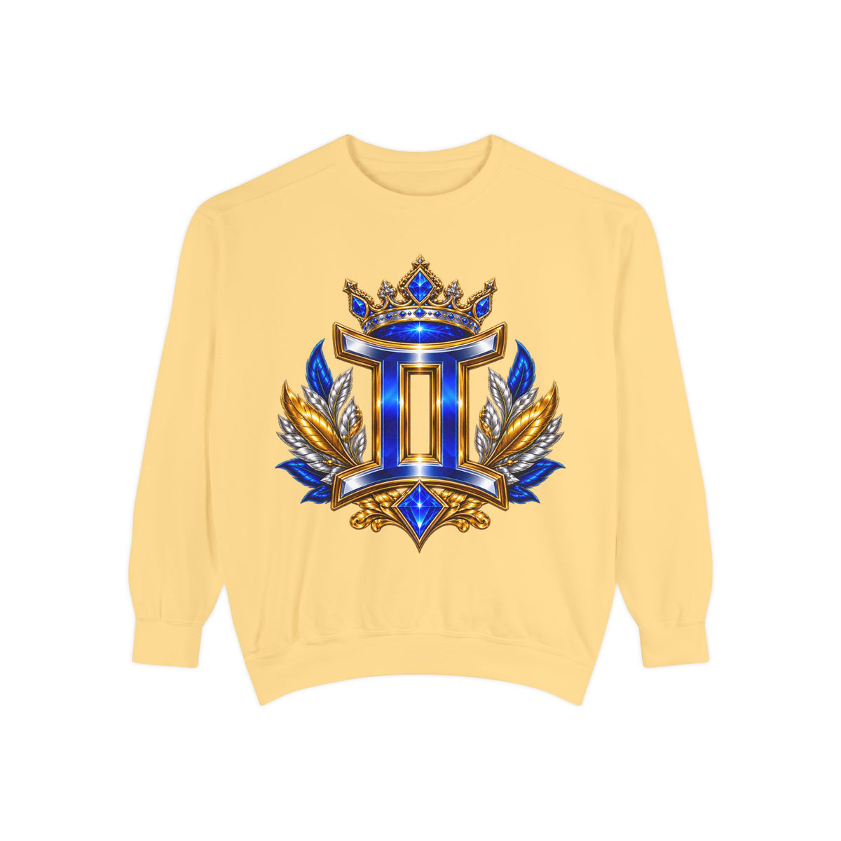 Gemini Zodiac Sweatshirt — Royal Blue & Gold Twin Symbol Crewneck