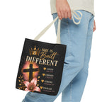 She Is Built Different Christian Tote Bag – Inspirational Faith Cross Design