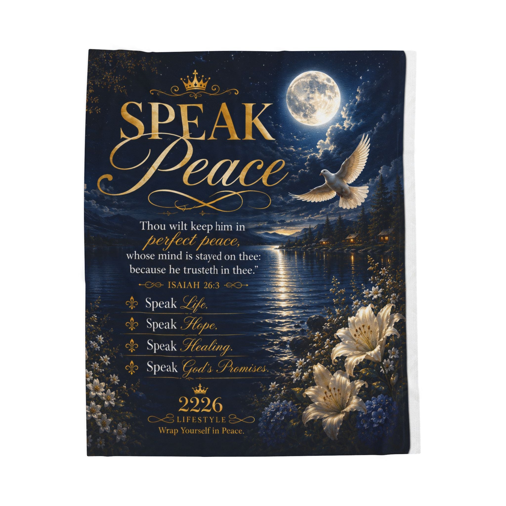 Velveteen Plush Blanket — "Speak Peace" Inspirational Christian Throw with Moonlit Dove & Bible Verse