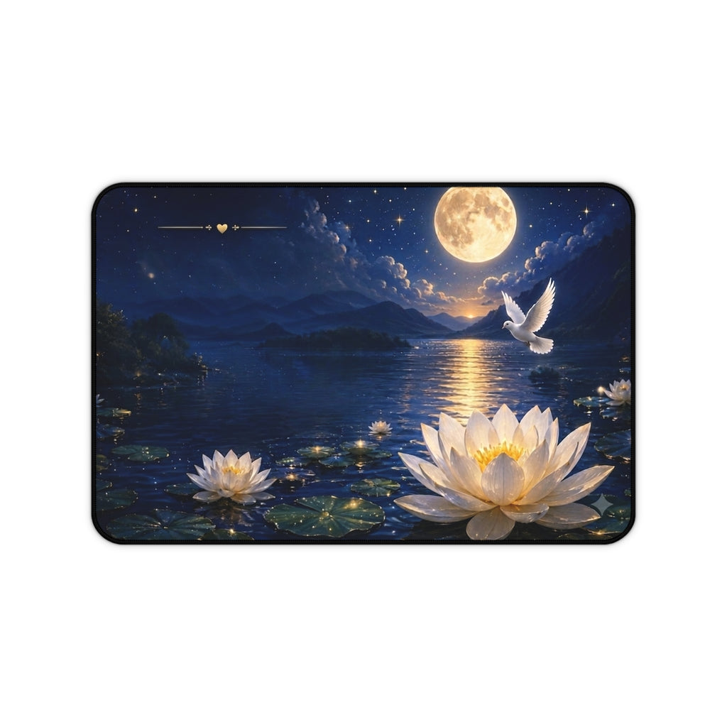 Moonlit Lotus Desk Mat — Serene Night Lake Mousepad with Dove and Full Moon