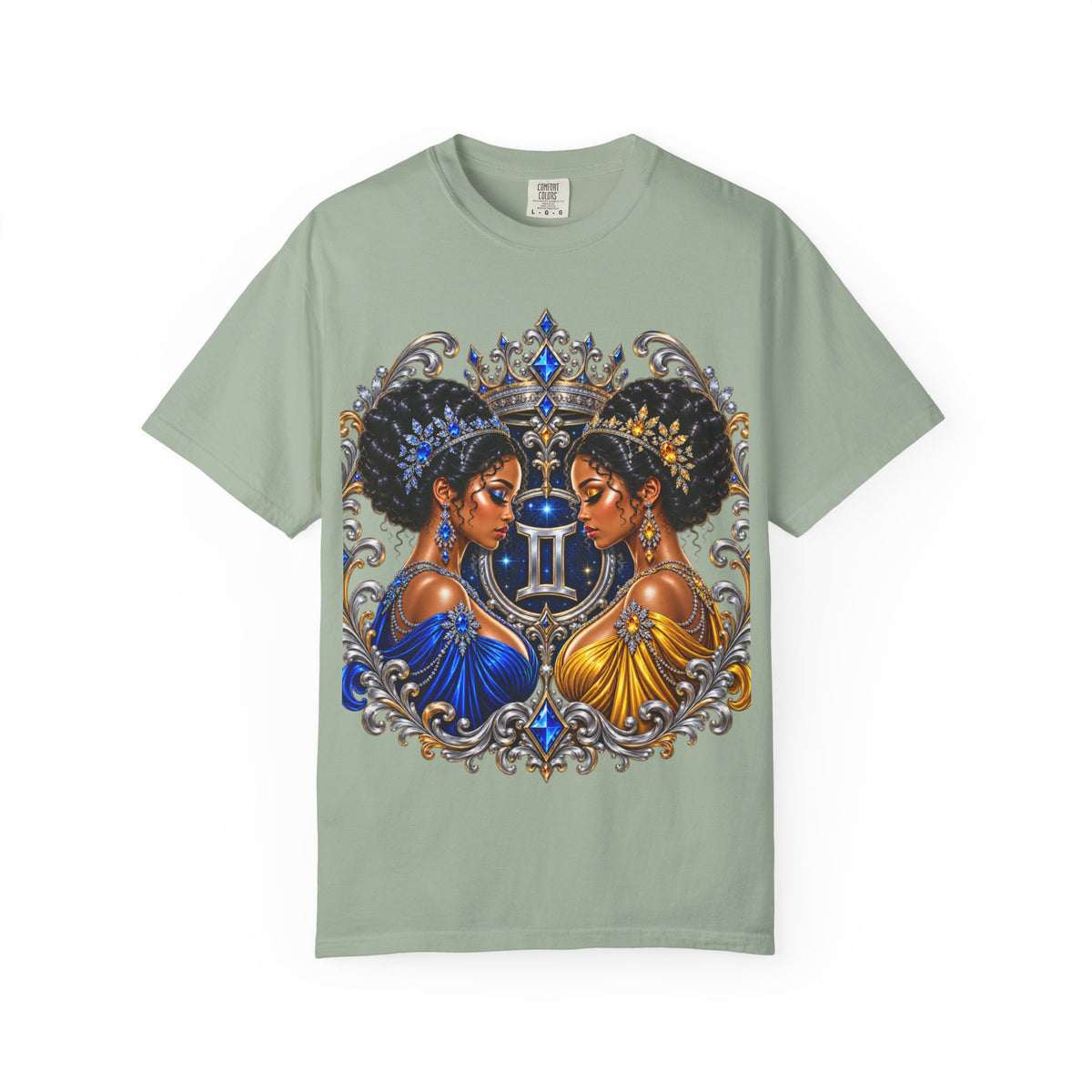 Gemini Zodiac Twin Queens T-Shirt — Elegant Blue & Gold Astrology Tee