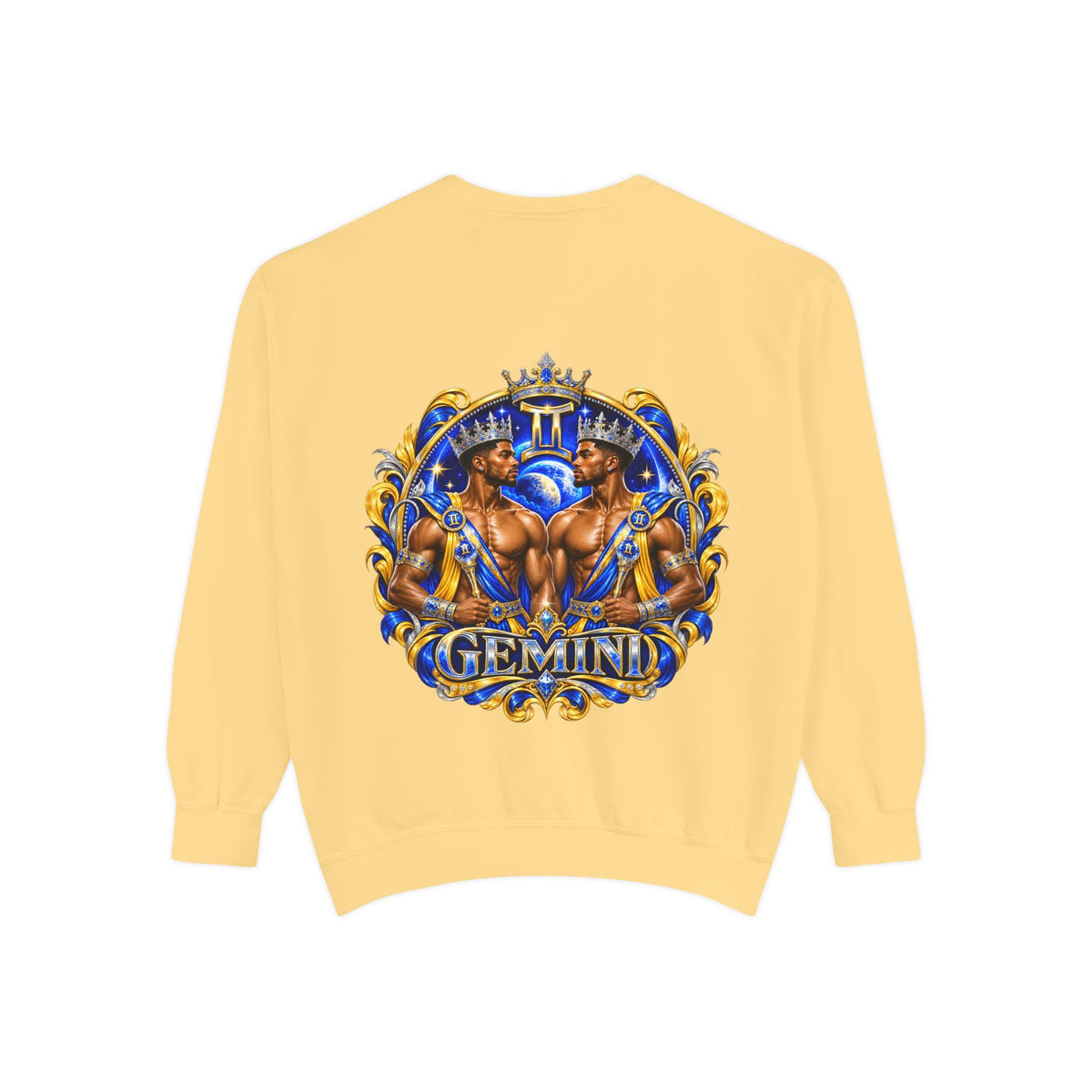 Gemini Zodiac Sweatshirt — Ornate Gold & Blue Gemini Crest