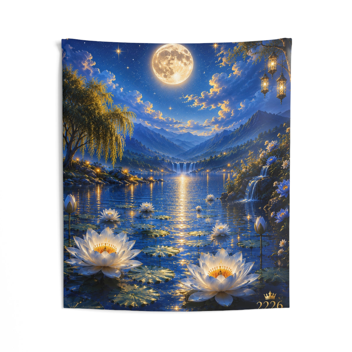 Moonlit Lotus Lake Tapestry - Serene Nighttime Wall Hanging