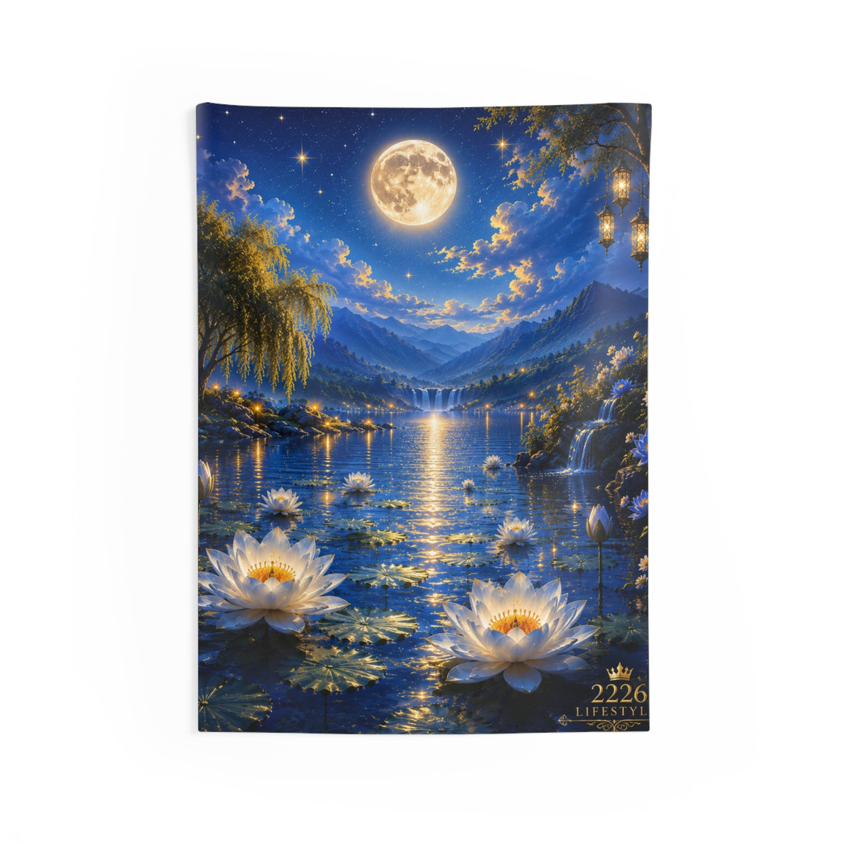 Moonlit Lotus Lake Tapestry - Serene Nighttime Wall Hanging