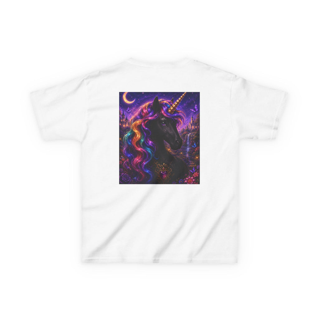 Kids Black Unicorn T‑Shirt — Rainbow Galaxy Night Magic Design