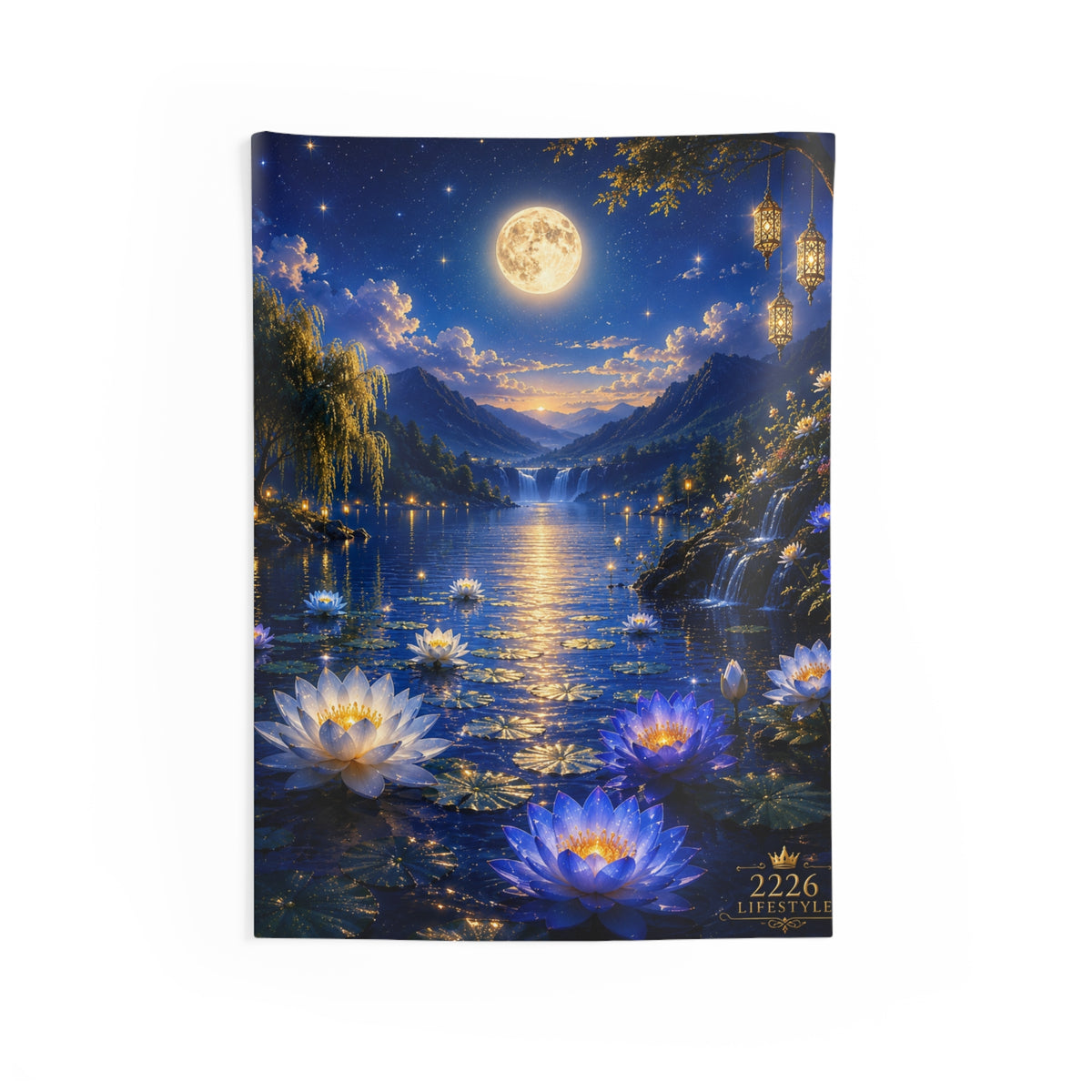 Moonlit Lotus Lake Tapestry — Dreamy Celestial Wall Art for Bedroom & Meditation