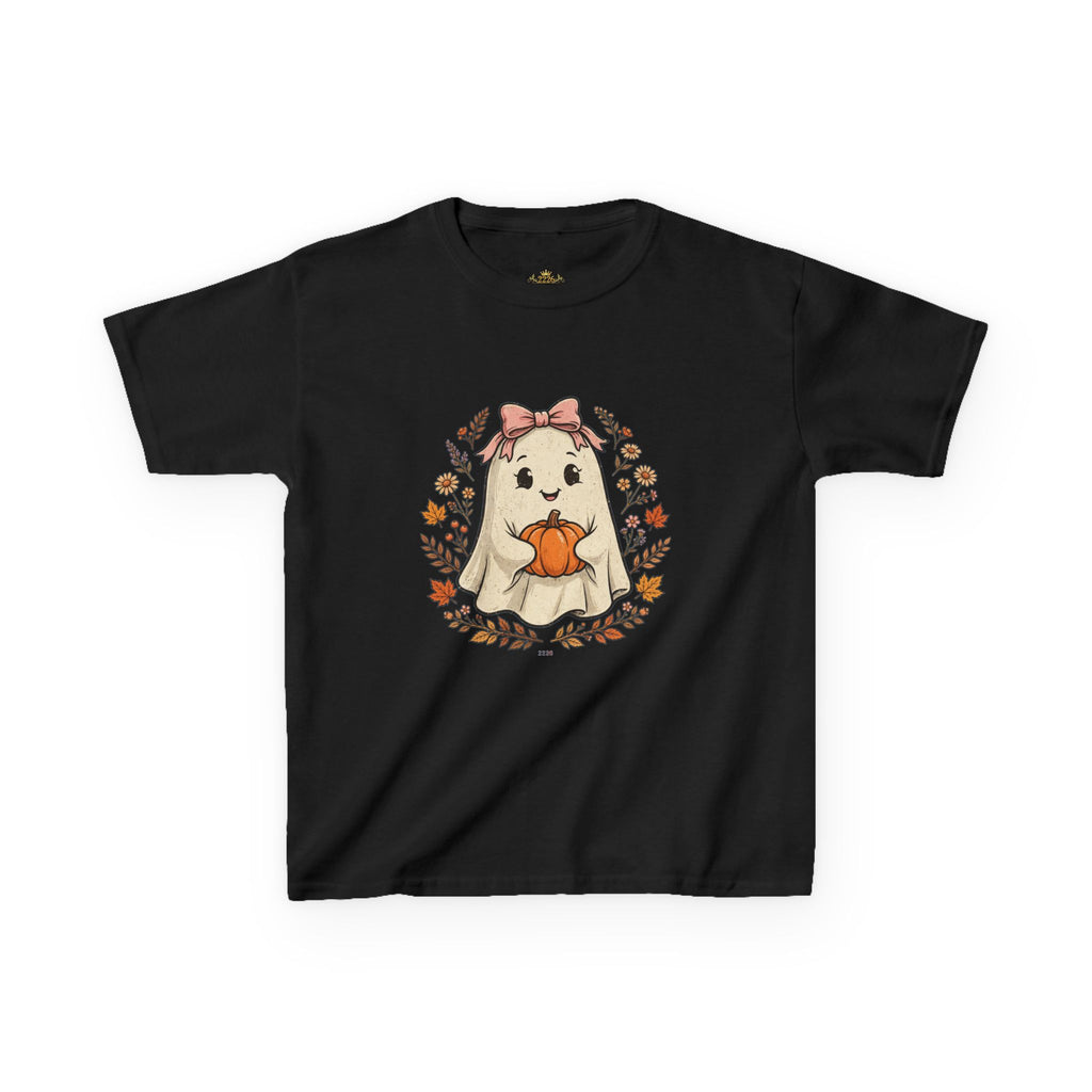 Kids Halloween Tee — Cute Ghost Holding Pumpkin "Spooky Season"
