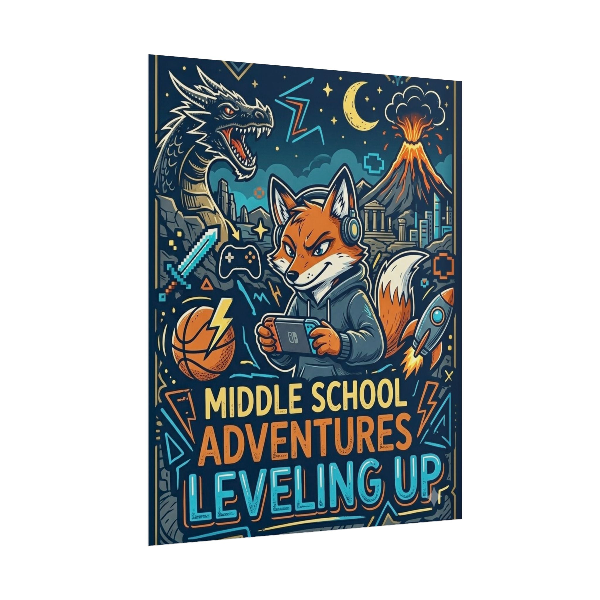 Middle School Adventures Leveling Up Poster — Gaming Fox Rolled Wall Art