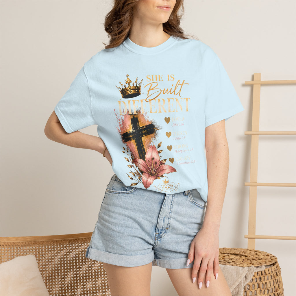 She Is Built Different Christian T-Shirt — Cross, Crown & Lily Faith Tee