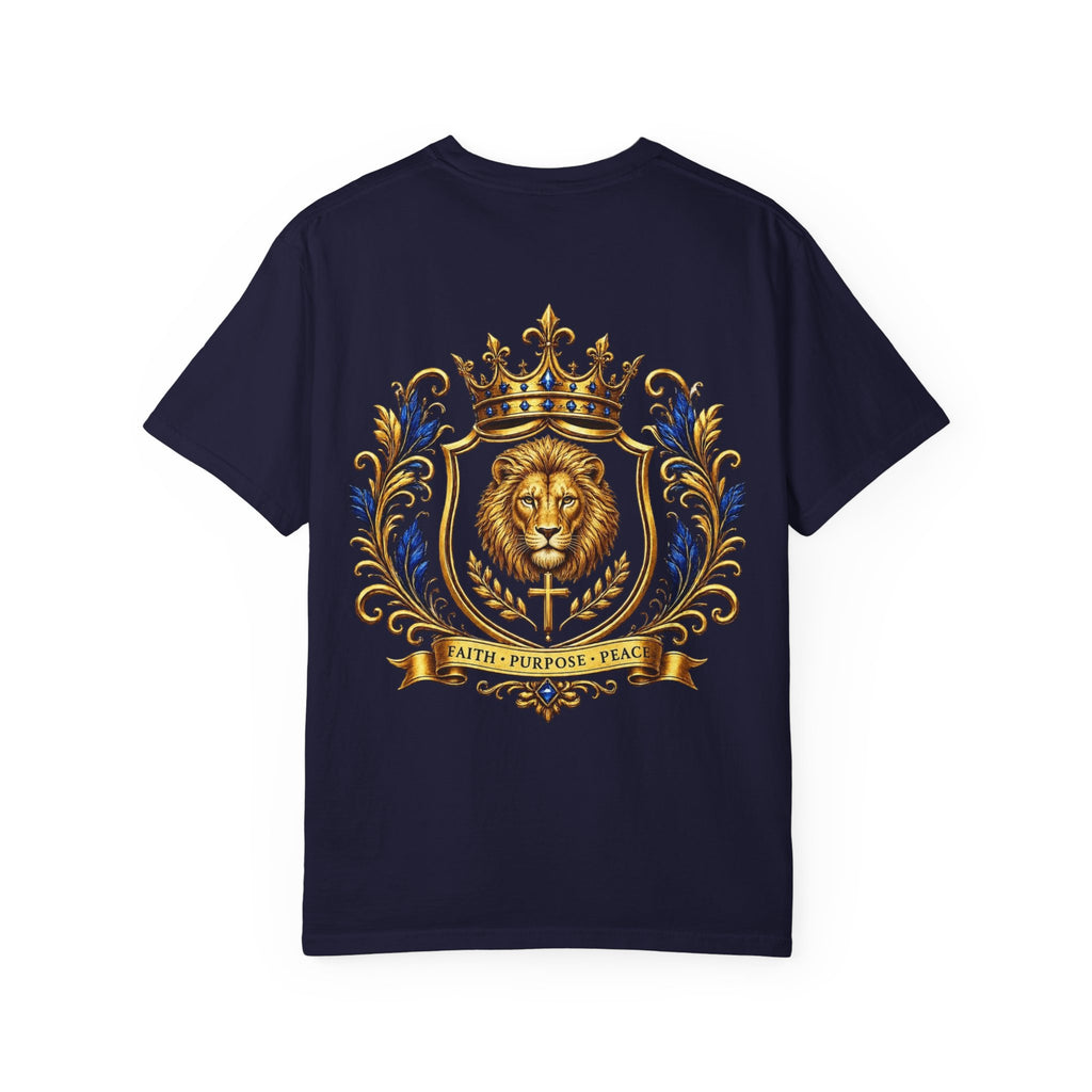Lion Crest T-Shirt — Regal Crowned Lion with "Faith • Purpose • Peace" Back Graphic