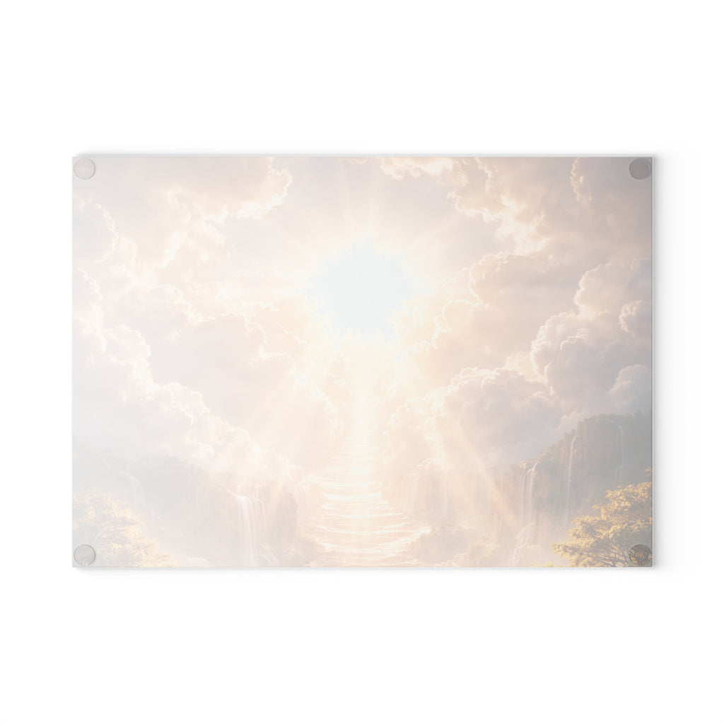 Heavenly Rays Glass Cutting Board — Serene Sunlight Cloudscape Kitchen Decor