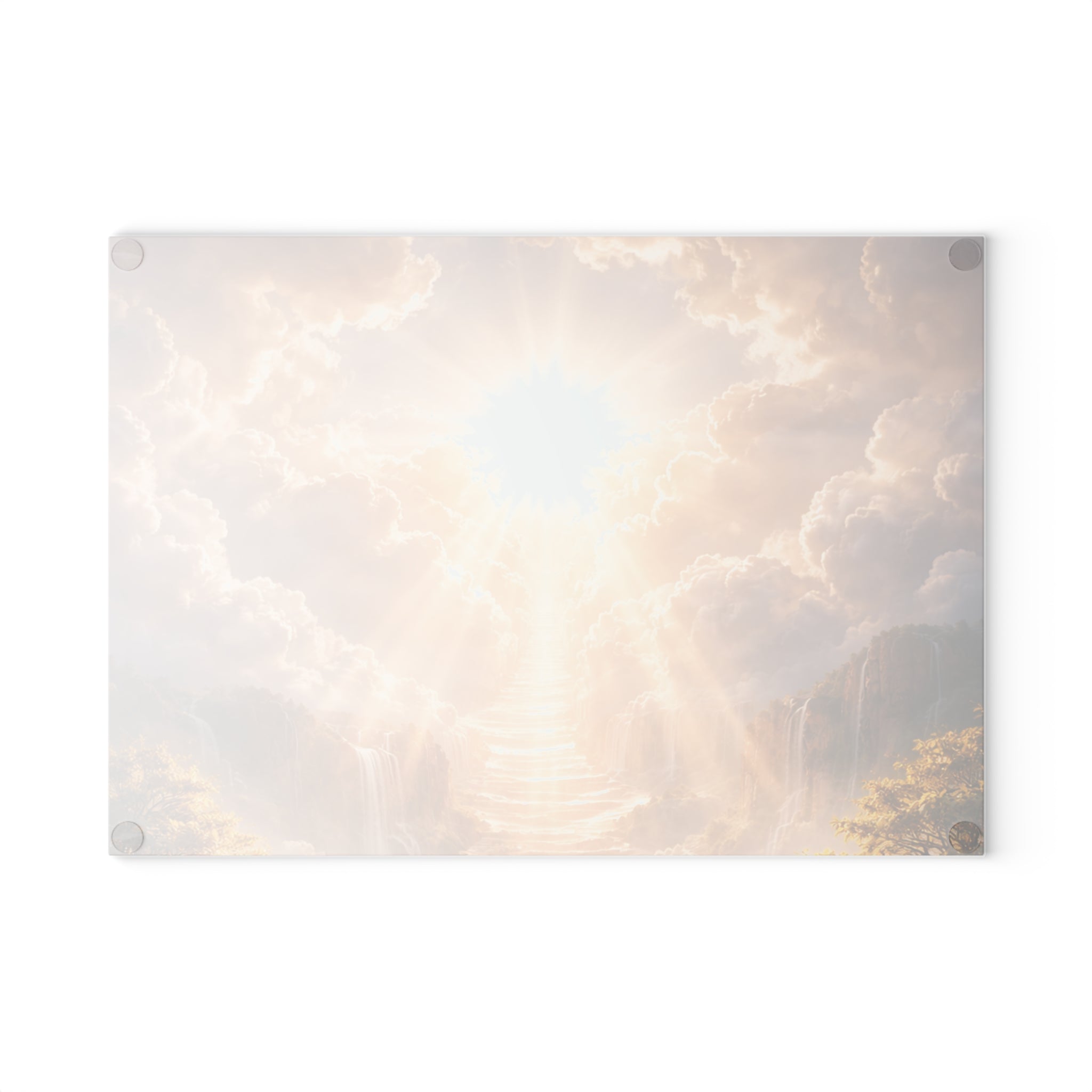 Heavenly Rays Glass Cutting Board — Serene Sunlight Cloudscape Kitchen Decor