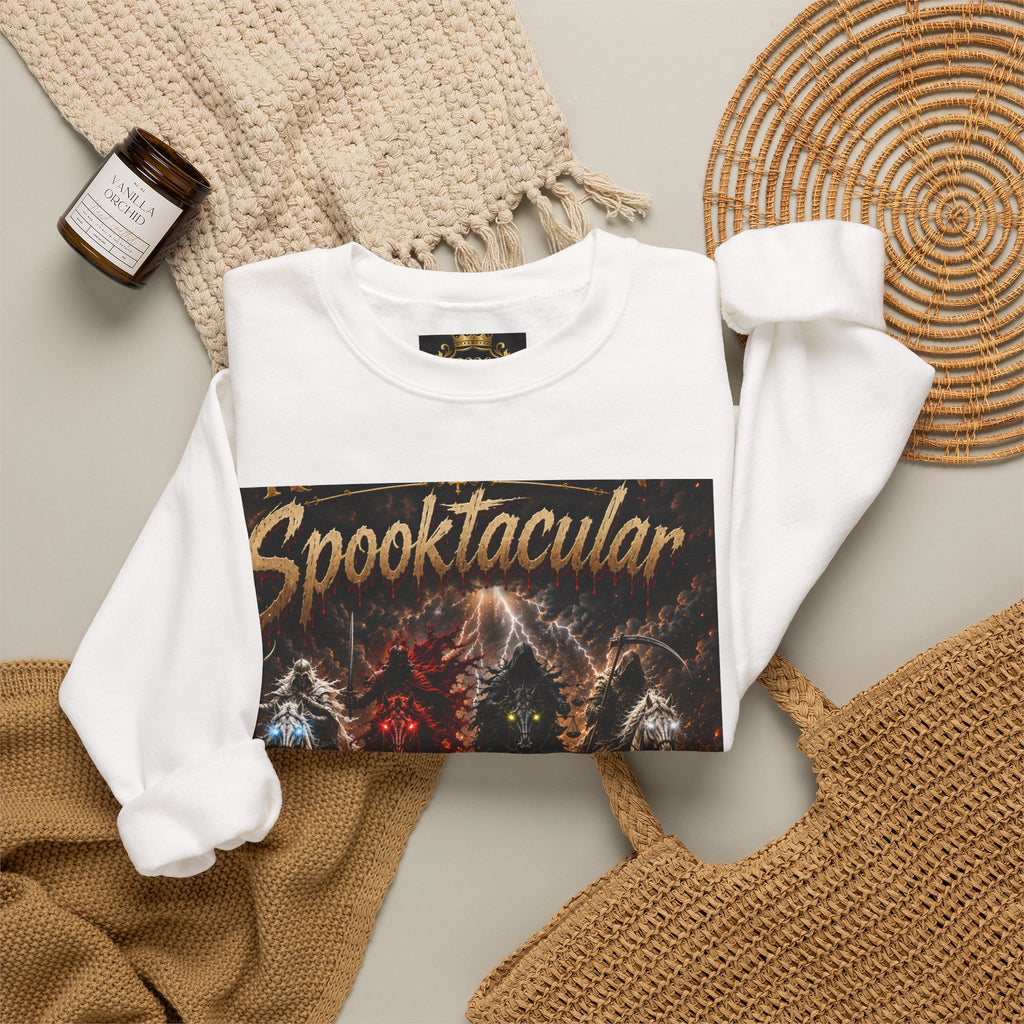 Religious Halloween Crewneck Sweatshirt — "Spooktacular" & "Still on the Throne" Graphic