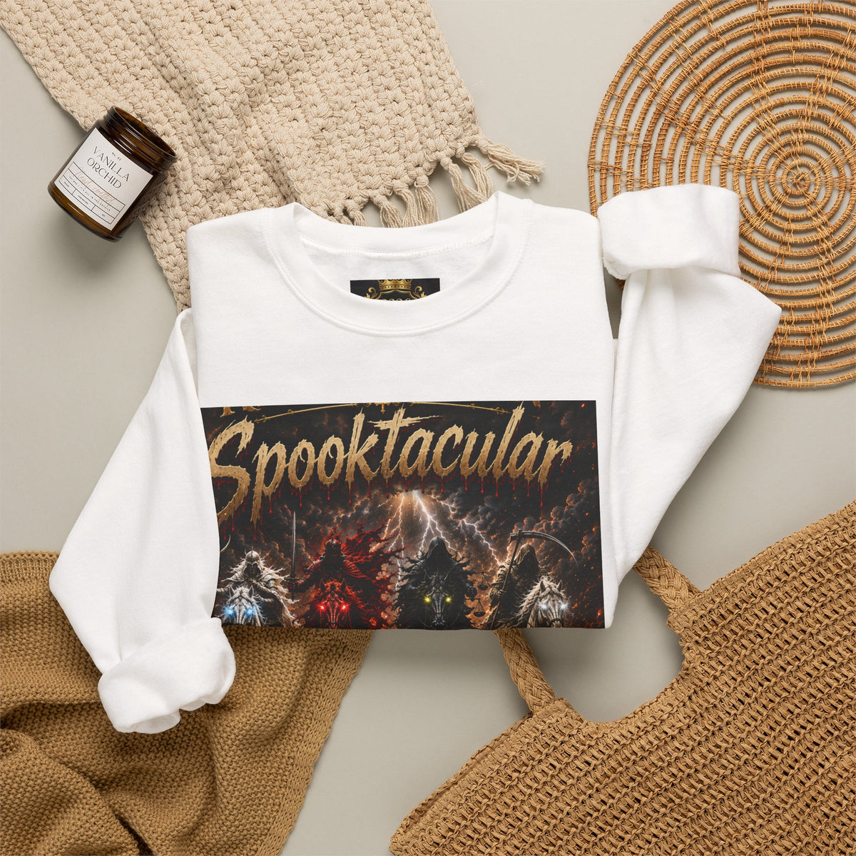 Religious Halloween Crewneck Sweatshirt — "Spooktacular" & "Still on the Throne" Graphic
