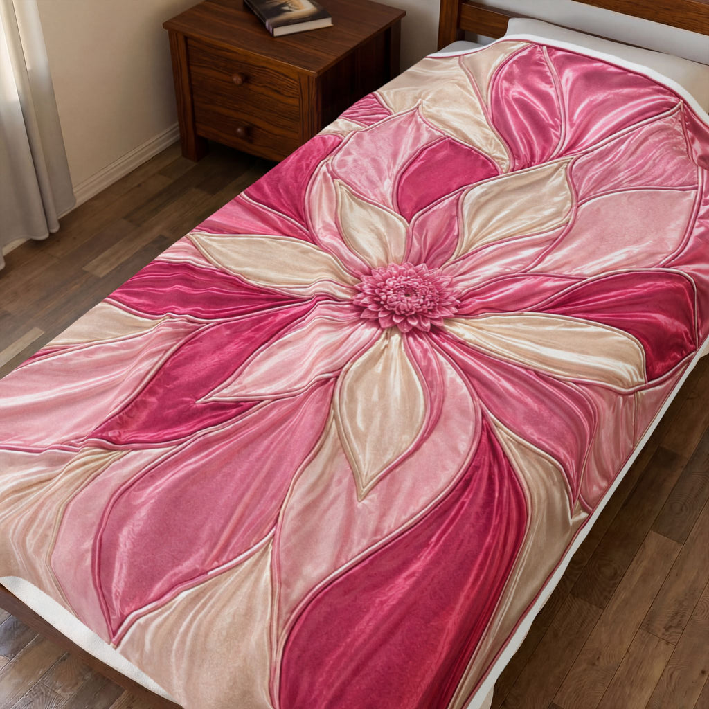 Plush Velveteen Blanket — Pink Floral Petal Design, Soft Cozy Throw