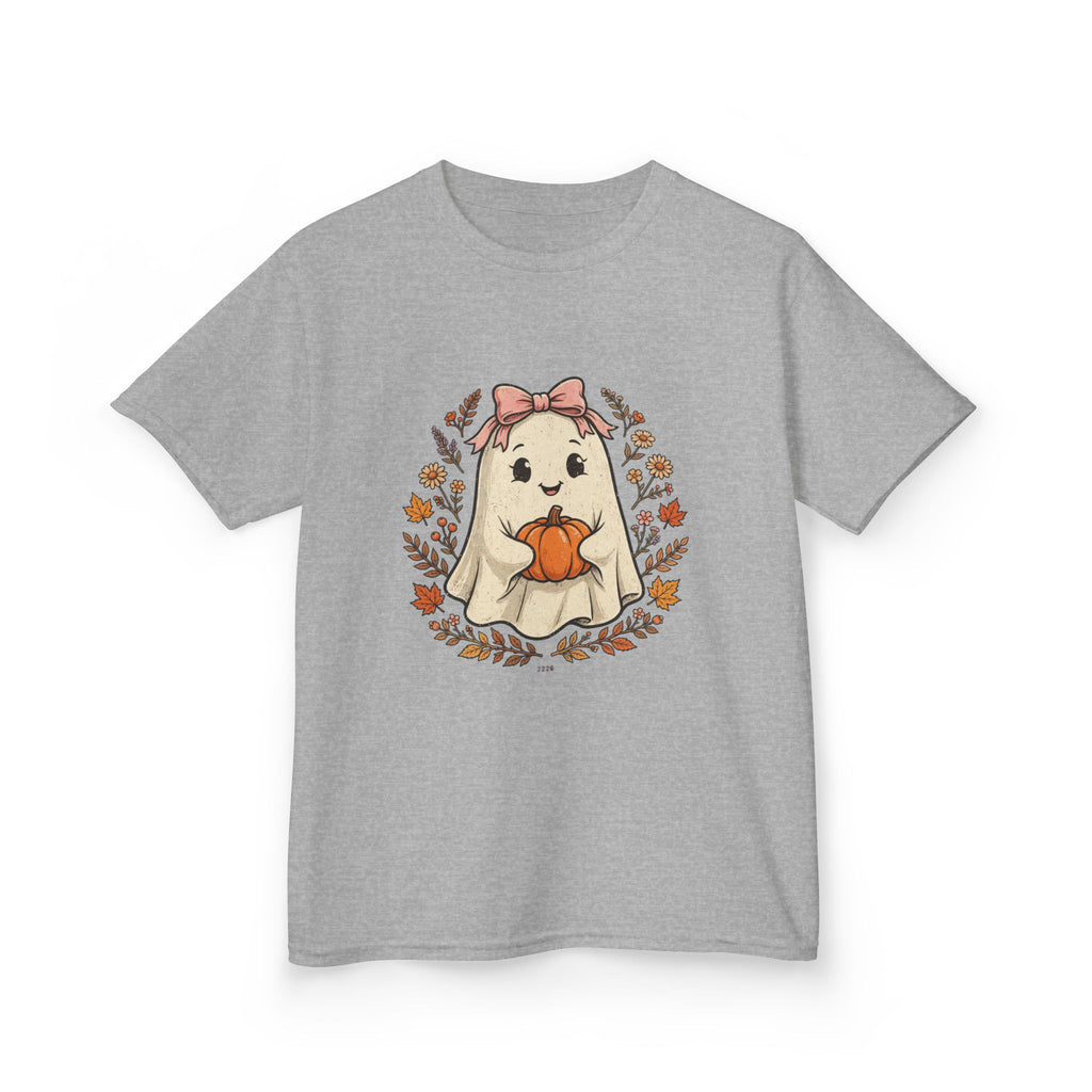 Kids Halloween Tee — Cute Ghost Holding Pumpkin "Spooky Season"