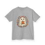 Kids Halloween Tee — Cute Ghost Holding Pumpkin "Spooky Season"